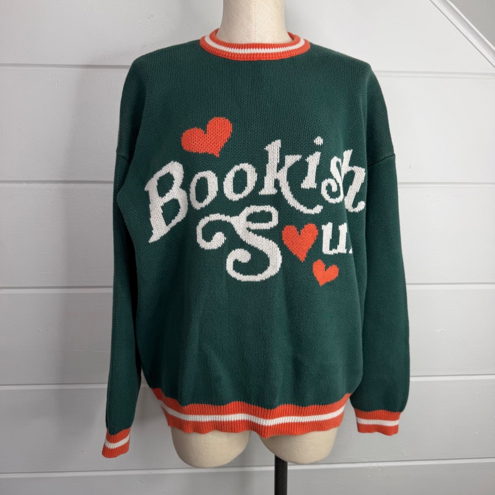 Book Babe Designs Bookish Soul Sweater XL 100% Cotton Book Lovers Green Orange